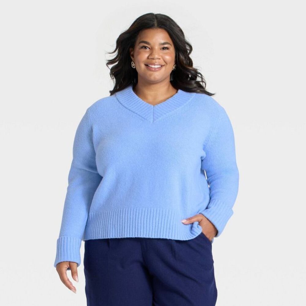 Women's Cozy Knit Boxy Pullover Sweater - A New Day Blue 2X
